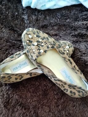 Sebastino Leather Leopard Print Embellished Flats - Tan 7